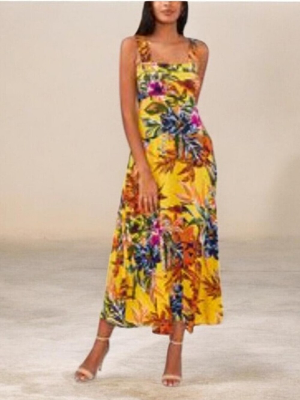 #K63 Yellow Floral Midi Dress with Twisted Straps